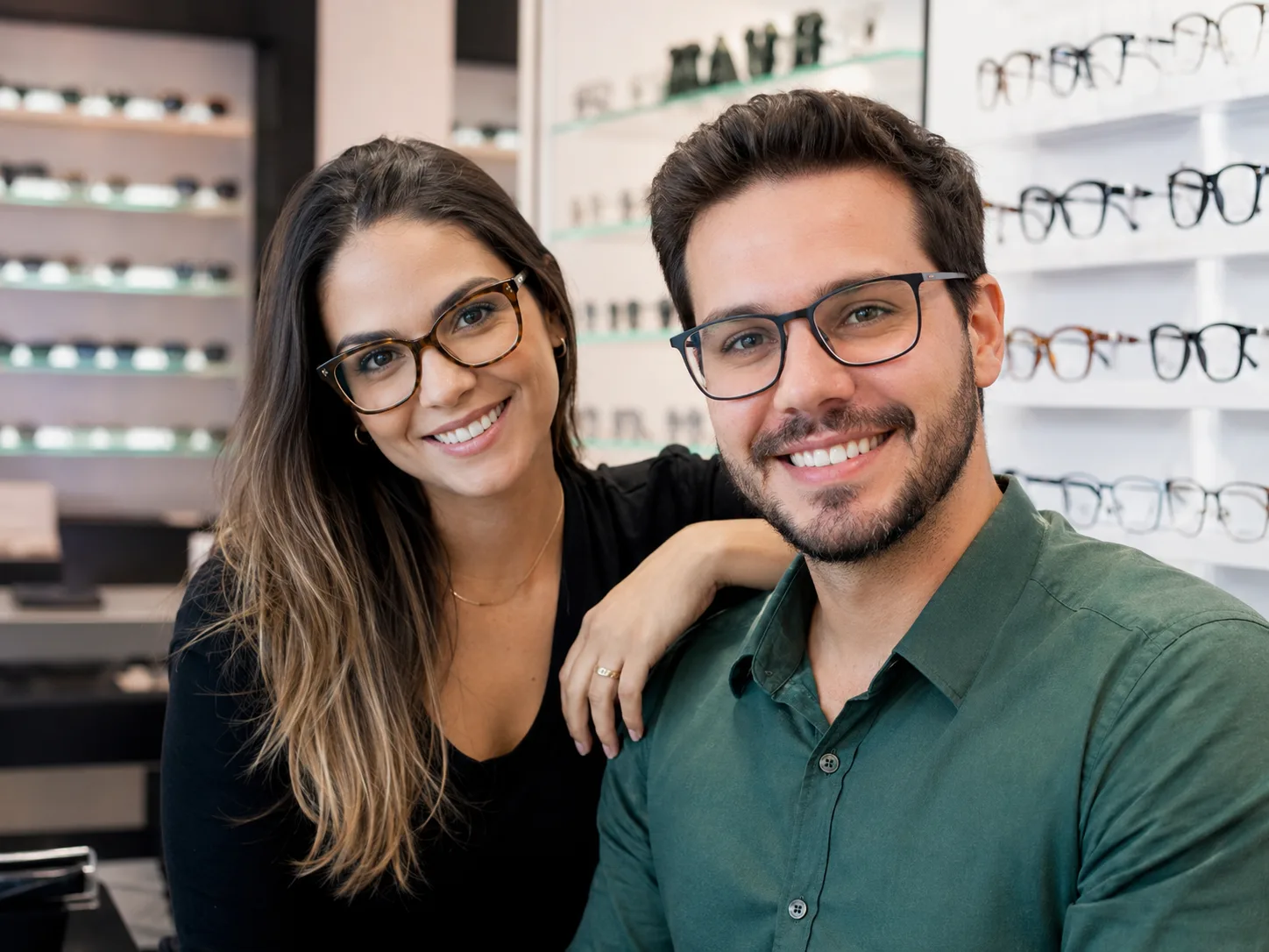 Casal usando óculos em ambiente de ótica