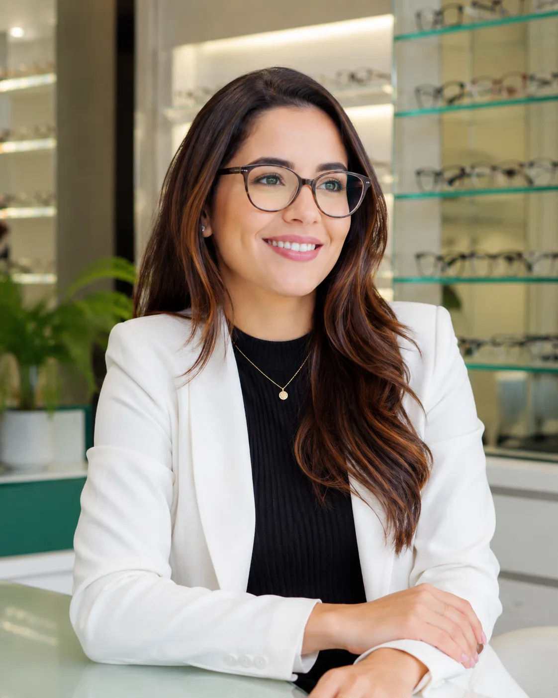 Mulher usando óculos em ambiente de ótica